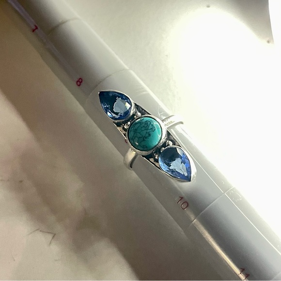 New 925 Sterling Silver Blue Imperial Topaz Turquoise Artisten 3 Tier Ring - Picture 6 of 16